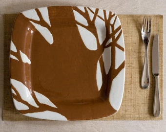 Brown tree branch,  twiggy square dinner plate, platter, dish, home decor, tabletop, centerpiece