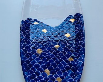 gold and blue large oval serving platter, scale motif, ceramic pottery