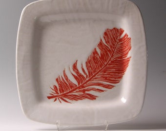 Red feather serving dish, serving plate, platter, tray 12x12 inches, by Jessica Howard