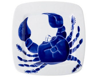 Large square navy blue ceramic crab serving platter, dish, tray by Jessica Howard ceramic serving dish nautical blue and white crab