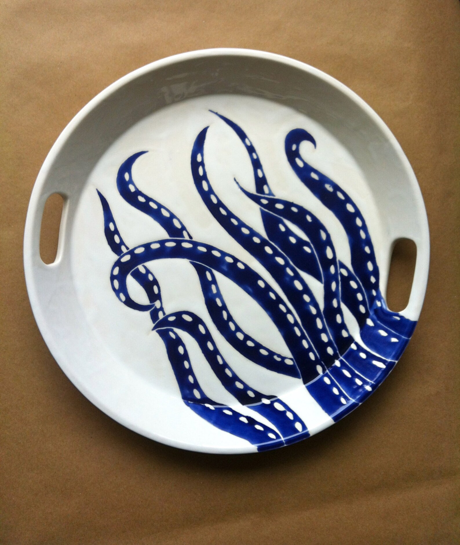 Extra Large Round Ceramic Serving Tray With Handles in Blue Etsy