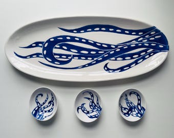 serving set, blue octopus large ceramic platter and serving bowls