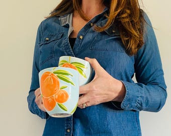 Etsy, mugs, orange tree ceramic pottery 20 oz, blue orange and green, set of 2 handpainted mugs