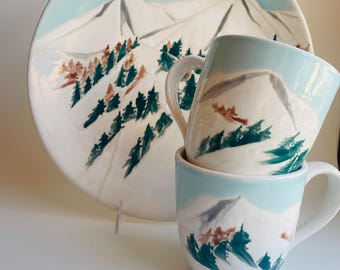 Mountain Views, large round ceramic handpainted serving platter and two matching mugs