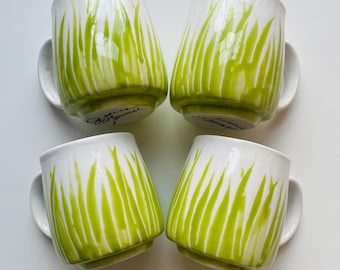 ceramic mugs, green grass 12 ounce handpainted, set of four
