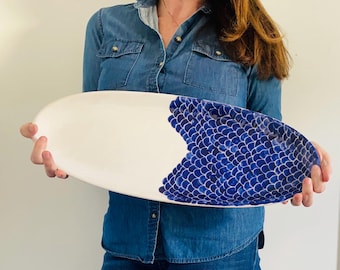 long oval ceramic,blue scale serving platter, hand painted