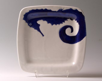 Navy blue, indigo and white seahorse, medium square plate, tray, serving platter