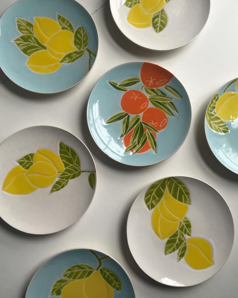 Etsy, orange tree pottery, orange, green, blue, handmade, set of four hand painted ceramic plate image 3