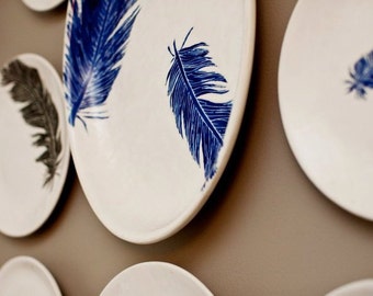 ORIGINAL feather motif by Jessica Howard Ceramics hand painted ceramics in blue. dinner plate