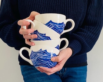 mugs, ceramic, handpainted ceramic blue and white ocean, set of four