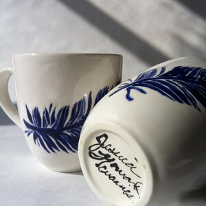 navy blue and white feather ceramic coffee, tea, mugs, cups by Jessica Howard image 4