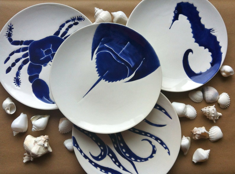 Set of 4 navy blue, nautical, beach themed ceramic dinner plates in horse shoe crab, octopus, blue crab and sea horse image 3