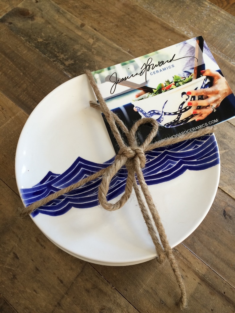 Dinnerware set of 4 ceramic dinner plates in blue ocean wave. 8 in diameter. Hand painted ceramic plates image 1