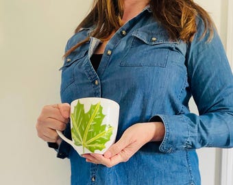 maple leaf, green and white maple leaf handpainted ceramic mugs