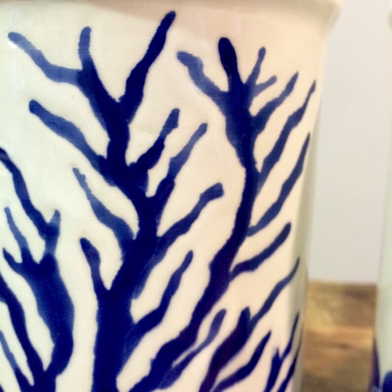 Utensil holder kithen decor nautical blue coral ceramic Etsy