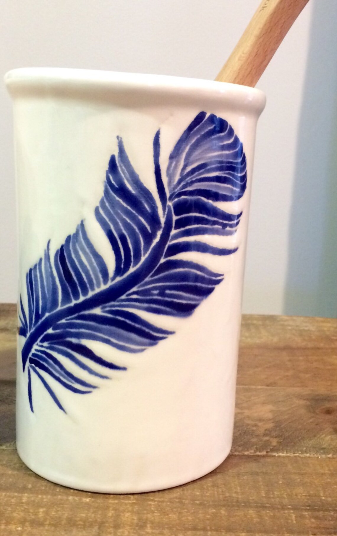 Utensil Holder Blue Feather Ceramic Utensil Holder Etsy