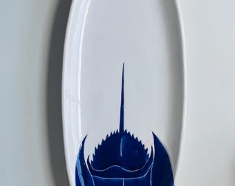 horseshoe crab, ceramic serving platter, coastal, handpainted navy and white pottery