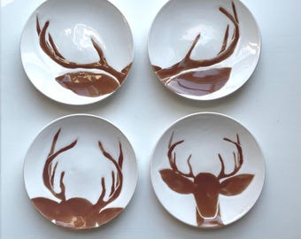 dessert plates, set of four, deer head, brown and white, 6” plates