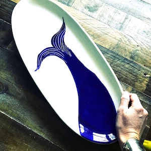 Whale platter, large server, blue and white, ceramic pottery, navy nautical hule serving platter