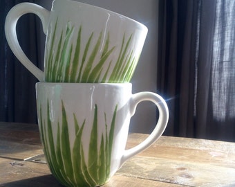 Green grass "field" coffee mugs coffee cups, tea cup set of 2