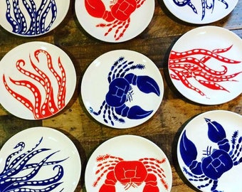 Dinner set for 8 dinner set, Nautical pottery. 24 pieces. Individually free hand drawn, Hand painted Ceramic dinnerware coastal pottery