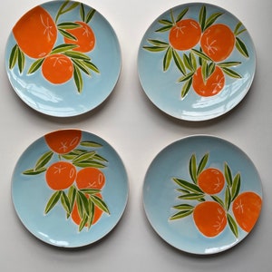 Etsy, orange tree pottery, orange, green, blue, handmade, set of four hand painted ceramic plate image 7