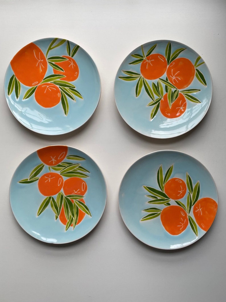 Etsy, orange tree pottery, orange, green, blue, handmade, set of four hand painted ceramic plate image 7