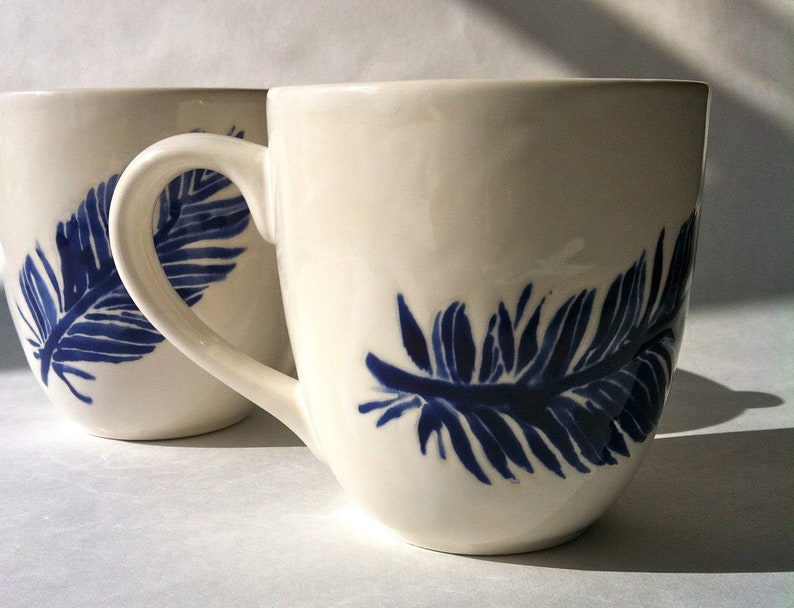 navy blue and white feather ceramic coffee, tea, mugs, cups by Jessica Howard image 5