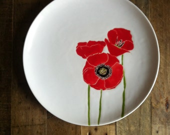 Red Poppies round ceramic serving platter,tray,plate by Jessica Howard Ceramics