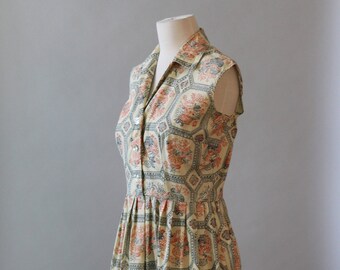 Vintage Dress 50s Cotton Shirtwaist Dress Novelty Print Sleeveless Floral 1950s Mode O Day Cotton Dress M L