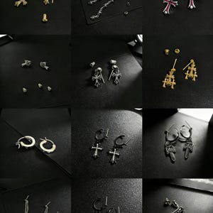 May include: A collection of various earrings, including cross, hoop, and dangle styles. The earrings are silver, gold, and black, with some featuring gemstones. The image showcases a variety of designs and sizes, suitable for different ear piercings.