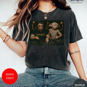 May include: Dark gray t-shirt featuring a graphic of two figures at a DJ setup with sparklers. The text "SONORUS" is printed on the shirt. The shirt is worn by a person.