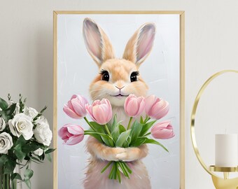 Easter Bunny Print Wall Art Cute Easter Bunny Print Bunny Flower Nursery Retro Spring Rabbit Decor Pastel Illustration Easter Nursery Print