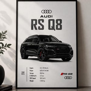 Può includere: Un poster incorniciato raffigurante un'Audi RS Q8 nera del 2024. Il testo include il logo Audi, il nome del modello e le specifiche tecniche: motore 4.0 L V8 Biturbo, 600 CV, 800 Nm di coppia, 0-100 km/h in 3,8 s, 305 km/h di velocità massima, 2.405 kg.
