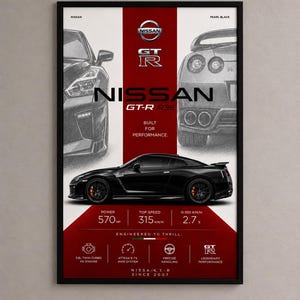Pode incluir: Um cartaz emoldurado com um Nissan GT-R R35 preto. O design inclui um esboço frontal e traseiro, uma foto de perfil lateral e especificações técnicas como 570 cv, 315 km/h de velocidade máxima e 2,7s de 0-100 km/h. Texto inclui Nissan GT-R R35.