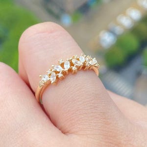 Half Eternity Marquise Wedding Band Marquise and Round Moissanite Band Vintage Style Stacking Ring 14K Solid Gold Bridal Matching Band