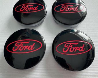 Set of 4 Pcs 54mm (2.13 inch) Ford Wheel Center Hub Caps Black & Red Glossy
