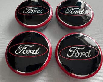 Set of 4 Pcs 54mm (2.13 inch) Ford Wheel Center Hub Caps Black/Red Glossy