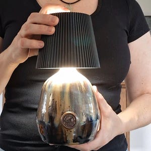 May include: A table lamp with a rounded, glazed ceramic base featuring a mottled brown, blue, and cream finish. A circular logo is embossed on the front. The lamp is topped with a black, vertically ribbed, conical shade and emits a bright light.