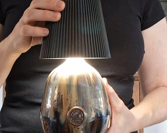 Handmade Ceramic Portable LED Lamp & Vase |8.5"| Black Sandstone Blue Glaze, Small Accent Lamp, Pottery Table Lamp, Dried Flower Vase