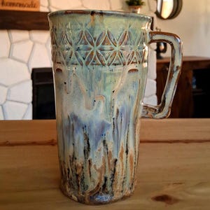 Handmade Ceramic Latte Cup: Blue Cream Brown Stoneware Tumbler