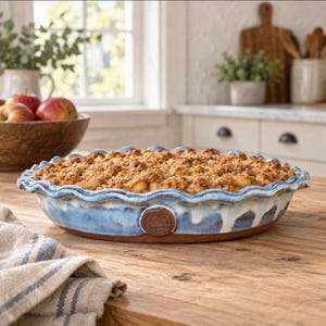 Handmade lighr blue Ceramic Pie Pan | 10 inch Scalloped Rim | light blue pottery| Rustic Stoneware Baking Dish