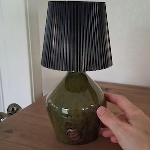 May include: A table lamp featuring a glossy, olive green ceramic base with a mottled finish and a small circular emblem near the bottom. The lamp is topped with a black, vertically pleated, conical lampshade that provides a structured contrast.