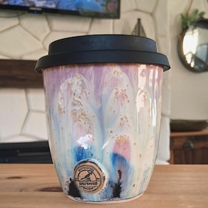 SECOND ! Please read description |Handmade Ceramic Travel Mug: Dimpled Grip, purple pink  crystal Glaze| silicone Lid  BPA-free