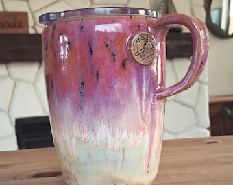 Handmade Ceramic Travel Mug | Pink & Purple Blush Glaze | Wheel Thrown Pottery | BPA-Free Sliding Lid