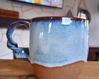 Blue handmade Ceramic Mug: Twisted Handle, Half Glazed Pottery - Inner Tides Collection