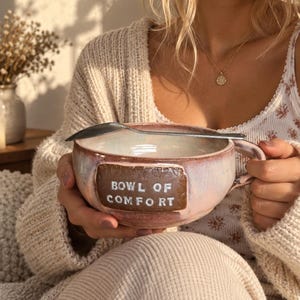 Handmade Stoneware Bowl with Thumb Handle | Soft Pink Peach Glaze
