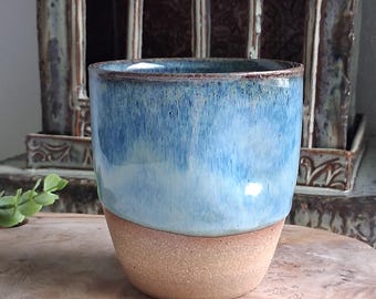 Handmade Ceramic Cup: Dimpled Grip, Blue Drip Glaze, Wheel Thrown Pottery