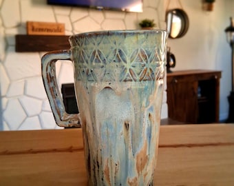 Handmade Ceramic Latte Cup: Blue Cream Brown Stoneware Tumbler