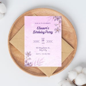 Convite de aniversário roxo | Convite digital editável | Modelo de festa lavanda para meninas | Download instantâneo | Cartão de aniversário violeta